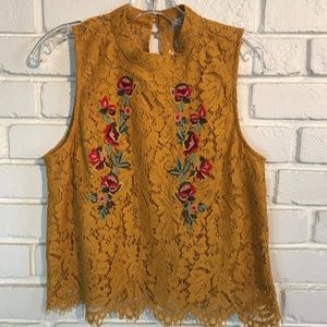 Embroidered Lace Sleeveless Shirt Mustard Yellow